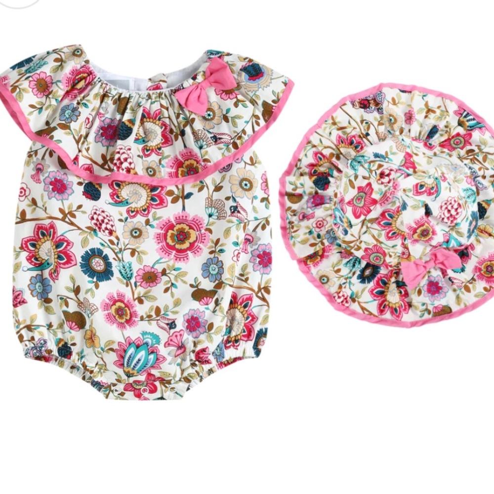 NWT pink floral romper and matching sun hat